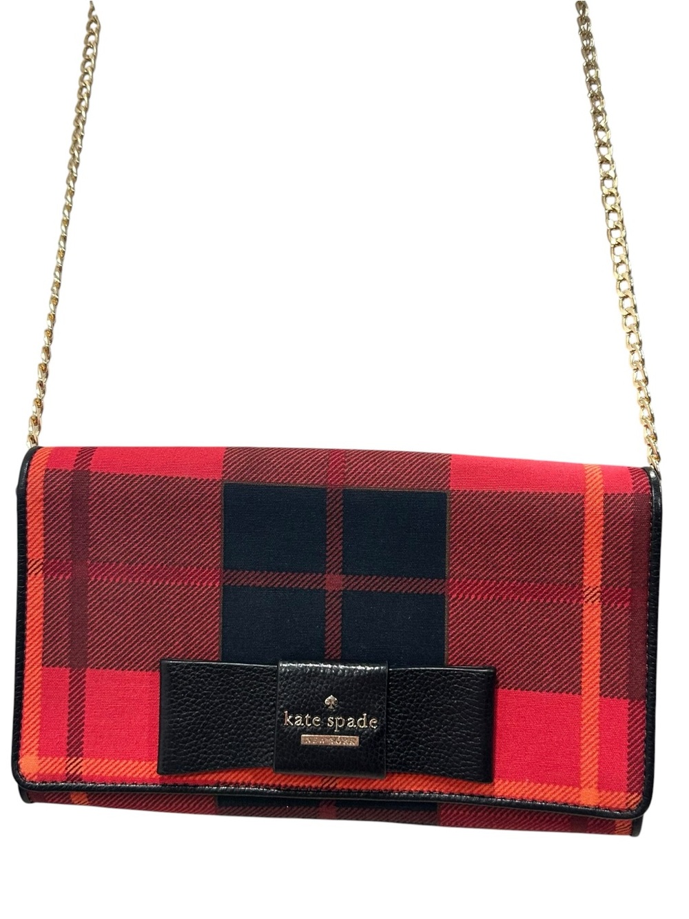 Kate Spade Red Plaid Canvas & Black Leather Bow Flap Clutch Mini Bag on Chain - Picture 2 of 14